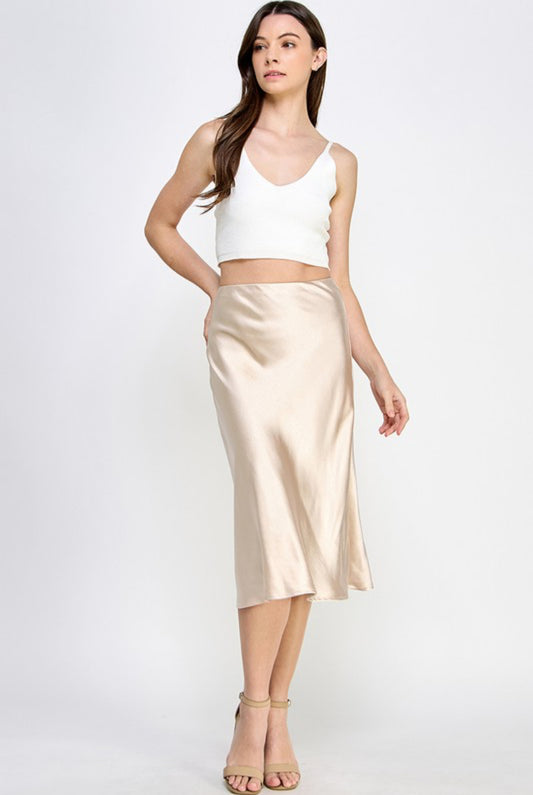 Apricot Satin Midi Skirt