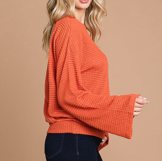 Bell sleeve waffle knit top