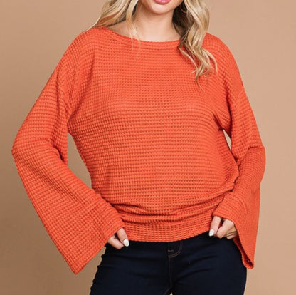 Bell sleeve waffle knit top